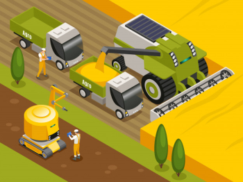 Agricultural robots isometric composition with automated remote controlled combine harvester threshers working in wheat field Free Vector
