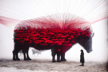 AI generated - A little girl say goodbye to the last bison concept AI generated - A little girl say goodbye to the last bison concept