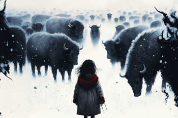 AI generated - A little girl say goodbye to the last bison concept AI generated - A little girl say goodbye to the last bison concept