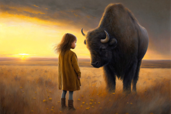 AI generated - A little girl say goodbye to the last bison concept AI generated - A little girl say goodbye to the last bison concept