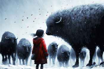 AI generated - A little girl say goodbye to the last bison concept AI generated - A little girl say goodbye to the last bison concept
