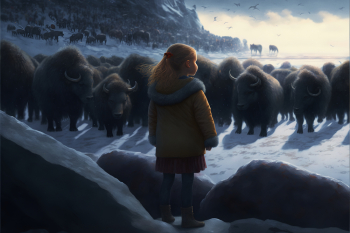 AI generated - A little girl say goodbye to the last bison concept AI generated - A little girl say goodbye to the last bison concept