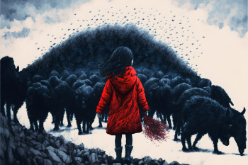 AI generated - A little girl say goodbye to the last bison concept AI generated - A little girl say goodbye to the last bison concept