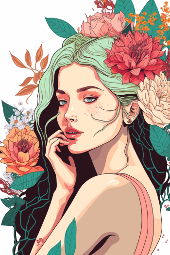 AI generated - Vector illustration of an attractive female with flowers in her hair