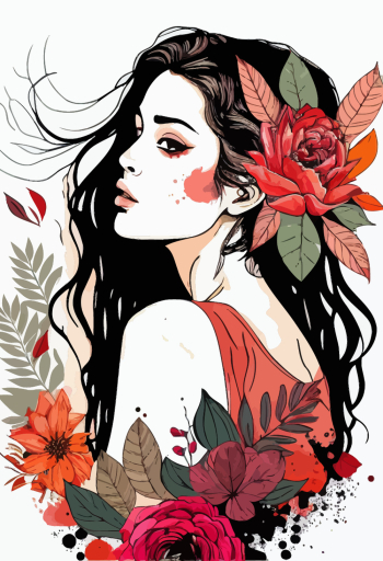 AI generated - Vector illustration of an attractive female with flowers in her hair