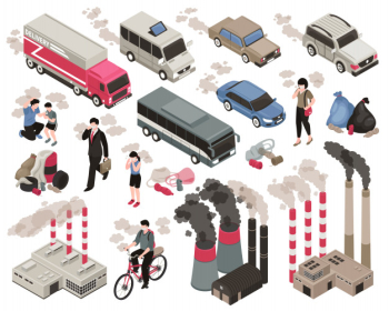 Air pollution in city isometric set with industry symbols isolated Free Vector
