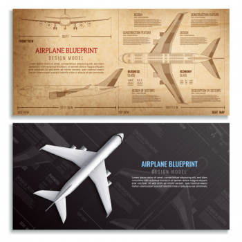 Airplane blueprint two horizontal banners with dimensioned drawing of passenger aircraft realistic Free Vector