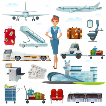 Airport flight accessories flat icons set Airport flight accessories flat icons set