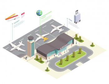 Airport isometric composition with infographic view of airport locations with terminal building flying lines and text vector illustration Free Vector