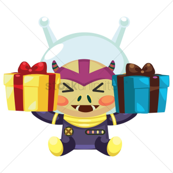 Alien creature excited with gifts Alien creature excited with gifts