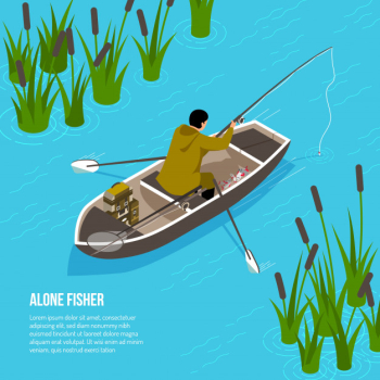 Alone fisher with spinning rod in boat on blue water  with reeds  isometric Free Vector