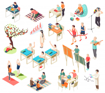 Alternative education isometric icons collection with isolated illustration of schooling situations with human characters of pupils Free Vector