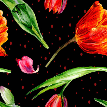 Amazing red tulip flowers with green leaves. Hand drawn botanical flowers. Watercolor background illustration. Seamless pattern. Fabric wallpaper print texture.