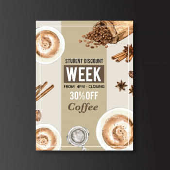 Americano, cappuccino coffee poster discount, template modern, watercolor illustration Free Vector