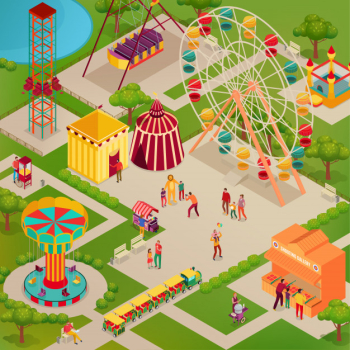Amusement park with circus and various attractions street food adults and kids isometric illustration Free Vector