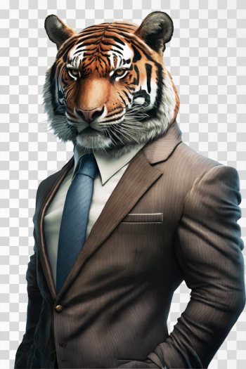 An anthropomorphic tiger wearing a suit, PNG transparent background