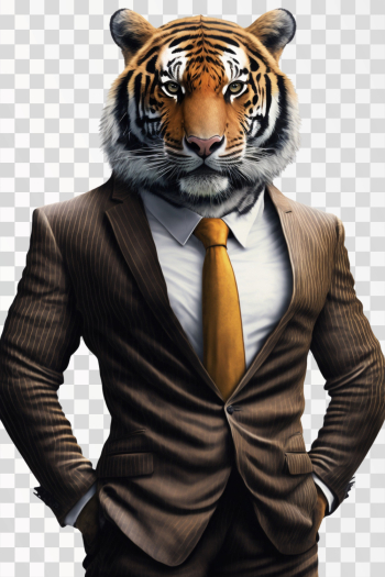 An anthropomorphic tiger wearing a suit, PNG transparent background