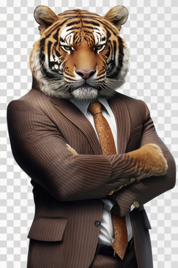 An anthropomorphic tiger wearing a suit, PNG transparent background