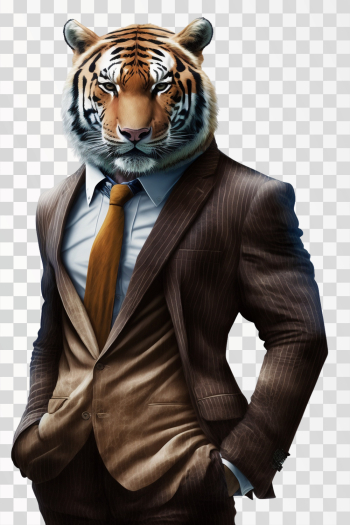 An anthropomorphic tiger wearing a suit, PNG transparent background