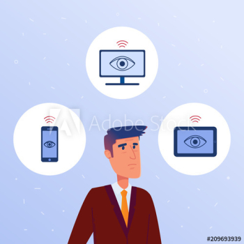 An anxious man surrounded by devices with his personal data An anxious man surrounded by devices with his personal data