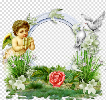 Angel holding musical instrument at garden art illustration, Frames Angel Window God, angel border transparent background PNG clipart