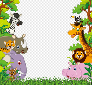 Animal Jungle, Giraffe elephant zebra lion, zoo animals illustration, animals, leaf, fauna png