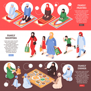 Arab family horizontal banners set with shoping and office symbols isometric isolated Free Vector