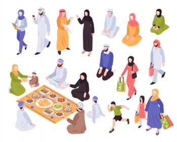 Arab family set with traditional food and shopping symbols isometric isolated Free Vector