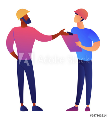 Architect and engineer wearing construction helmet and discussing vector illustration