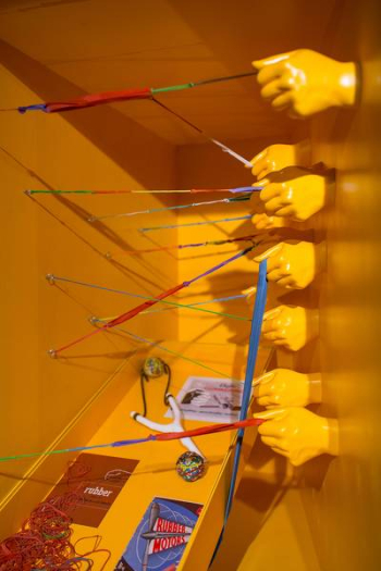 Art installation of plastic hands with rubber bands Art installation of plastic hands with rubber bands