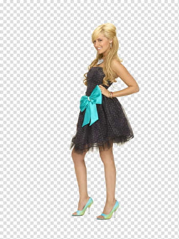 Ashley Tisdale Set , woman wearing black strapless dress with green ribbon with hands akimbo transparent background PNG clipart