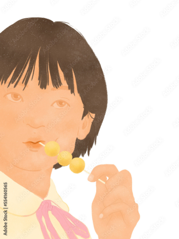 Asian teenage girl eating Hong Kong curry fish balls on transparent background