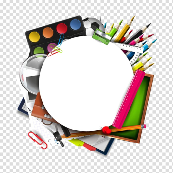 Assorted-color-and-type art kit illustration, Student Sacred Heart Catholic School Class, School supplies transparent background PNG clipart