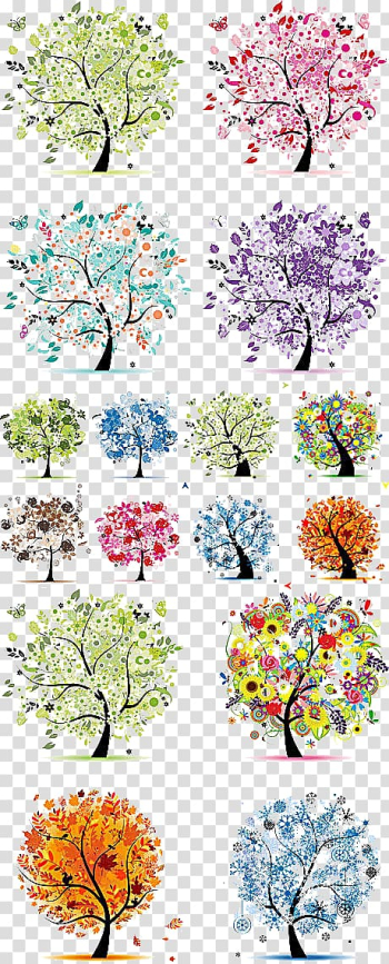 Assorted-color tree lot illustration, The Four Seasons Tree Spring Winter, Variety of seasons abstract tree material transparent background PNG clipart