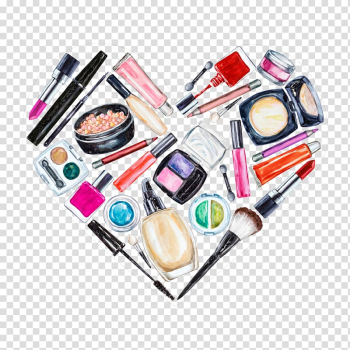 Assorted cosmetic products forming hear illustration, Eye shadow Cosmetics Foundation Lip gloss Watercolor painting, Creative Makeup Tools transparent background PNG clipart