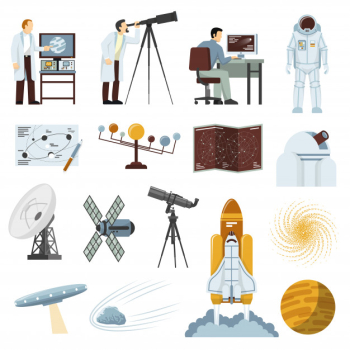 Astronomy research equipment flat icons collection