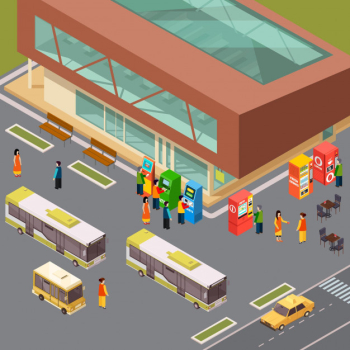 Atm vending and ticket machines at bus station and outdoor cafe 3d isometric Free Vector