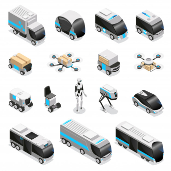 Automated robot delivery isometric icons collection with cute remote controlled humanoid quadruple drone unmanned vehicles  illustration Free Vector