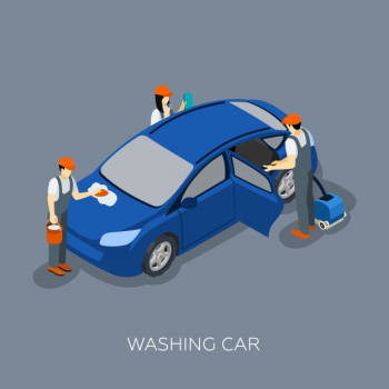 Autoservice team washing car isometric banner