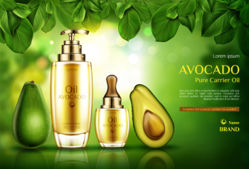 Avocado cosmetics oil. organic product bottles with pomp and dropper on green with tree leaves. Free Vector