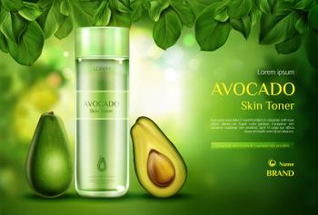 Avocado cosmetics skin toner. organic beauty product bottle on green blurred with tree leaves. Free Vector