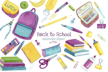 Back to School Clipart. Watercolor school supplies Back to School Clipart. Watercolor school supplies