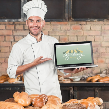 Bakery mockup with laptop Bakery mockup with laptop
