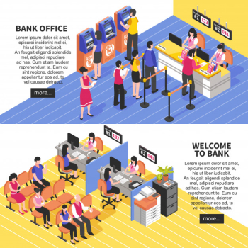 Bank office horizontal isometric banners Free Vector