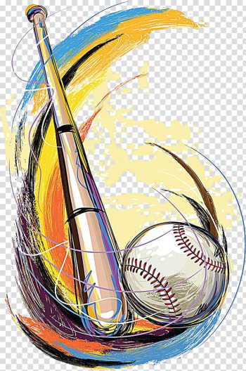 Baseball bat and baseball ball painting illustration, Baseball Graphic design, Hand-painted cartoon baseball transparent background PNG clipart