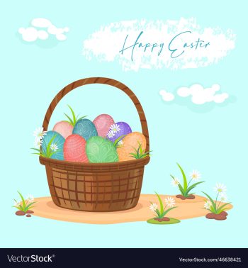 basket with different painted easter eggs