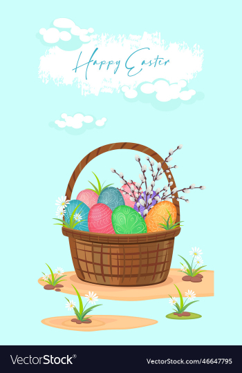 basket with different painted easter eggs