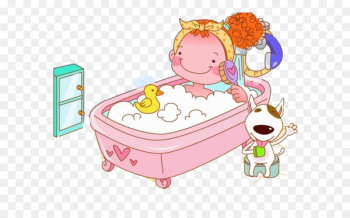 Bathing Cartoon Illustration - Pink bathtub Bathing Cartoon Illustration - Pink bathtub