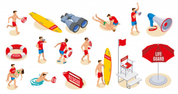 Beach lifeguards inventory isometric set of binocular loudspeaker umbrella lifebuoy surfboard chair with flag Free Vector