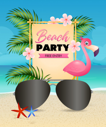Beach party lettering, flamingo, flowers and sunglasses Beach party lettering, flamingo, flowers and sunglasses